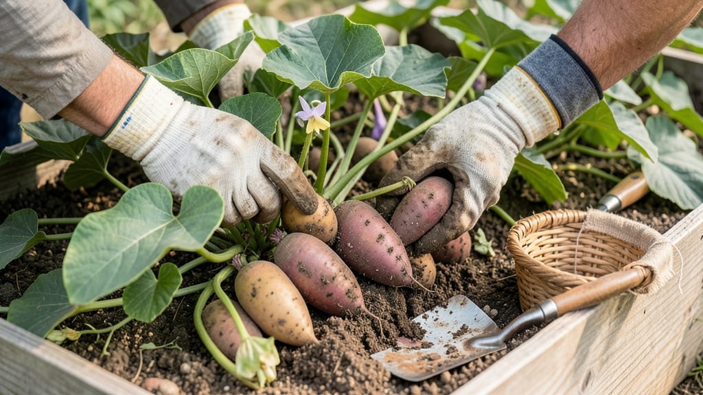How to Tell When to Harvest Sweet Potatoes: Skin Slips Easily & Tops Yellow Naturally