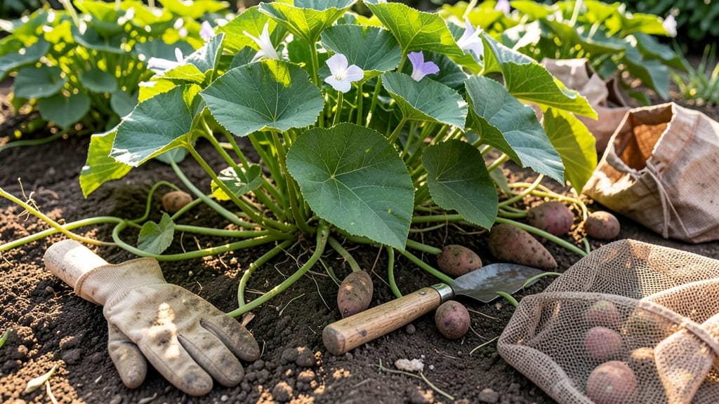 Sweet Potatoes Ready to Harvest Pictures: When Skin Slips Free & Vines Yellow Naturally